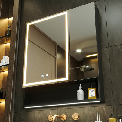 Ladell 30'' W 34'' H LED Bathroom Medicine Mirror Cabinet, Defog, Dimmable, 3-Color Mode, Outlets & USBs