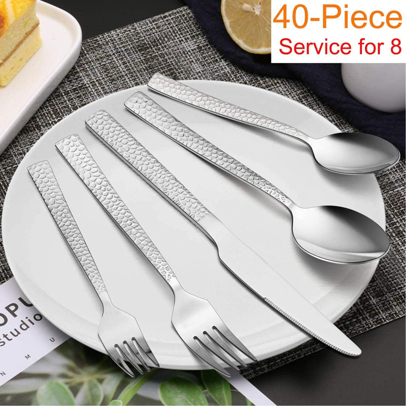 Latitude Run® 40-Piece Hammered Silverware Set, Stainless Steel Square Flatware Set Service for 8