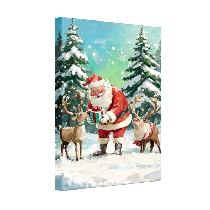Noël père Noël avec renne dans la forêt enneigée, H 18 po x l 12 po