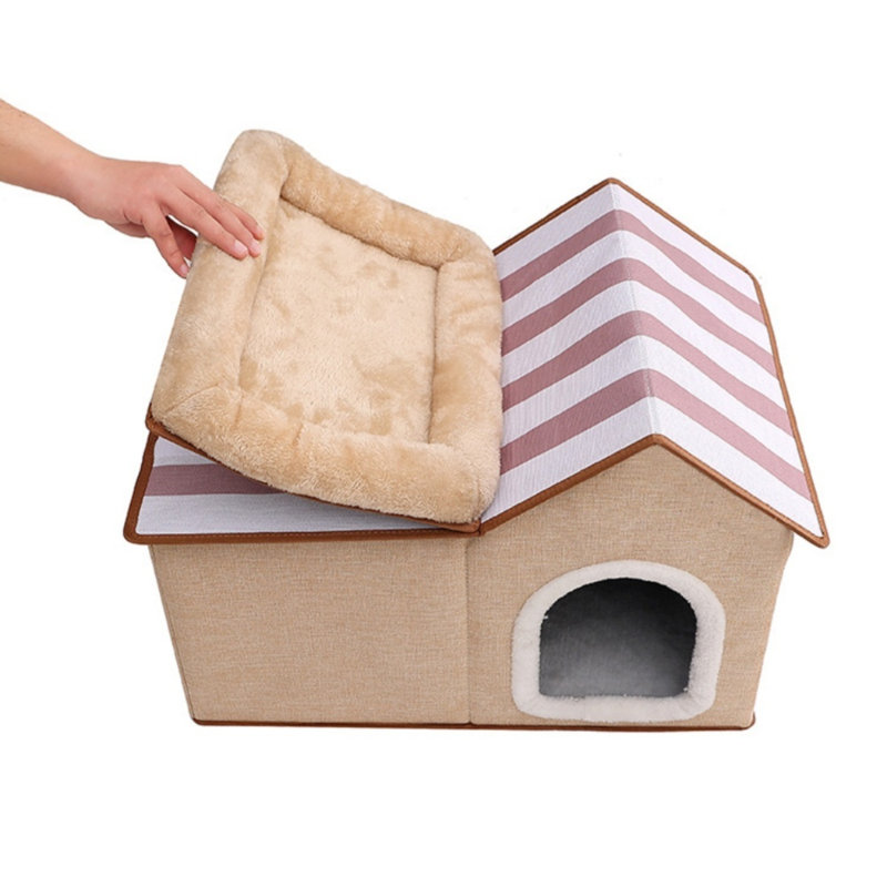 Lit pour animal de compagnie pliable en forme de maison, grotte pour chat à double usage et fermée avec coussin supérieur moelleux amovible, abri pour animaux de compagnie en lin respirant pour petits animaux de compagnie de taille moyenne