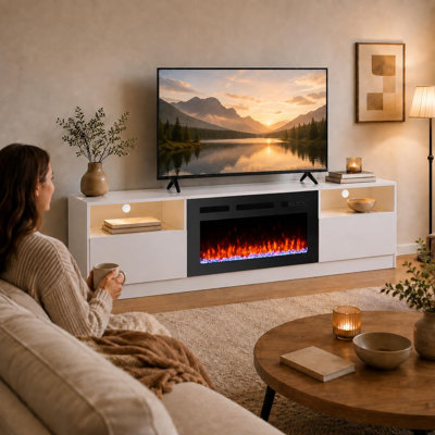 Meuble télé avec foyer intégré de 203 cm (80 po), foyer électrique de 91 cm (36 po), 12 effets de flamme de couleurs, chauffage d'appoint de 1 500 W et deux armoires de rangement pour appareils multimédias et décoration.