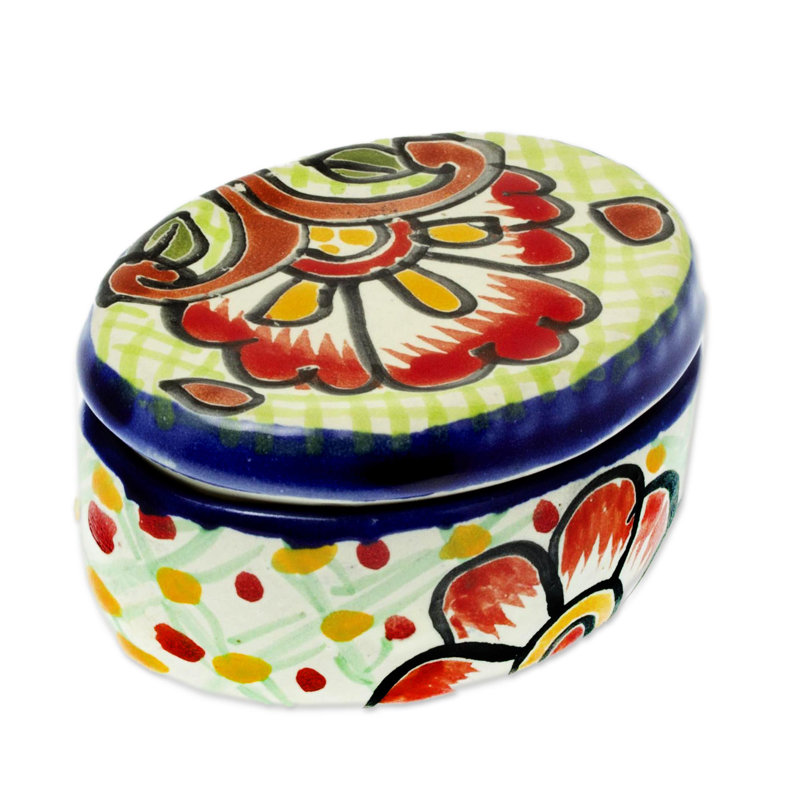 Hand-Painted Ceramic Floral Design Decorative Storage Box