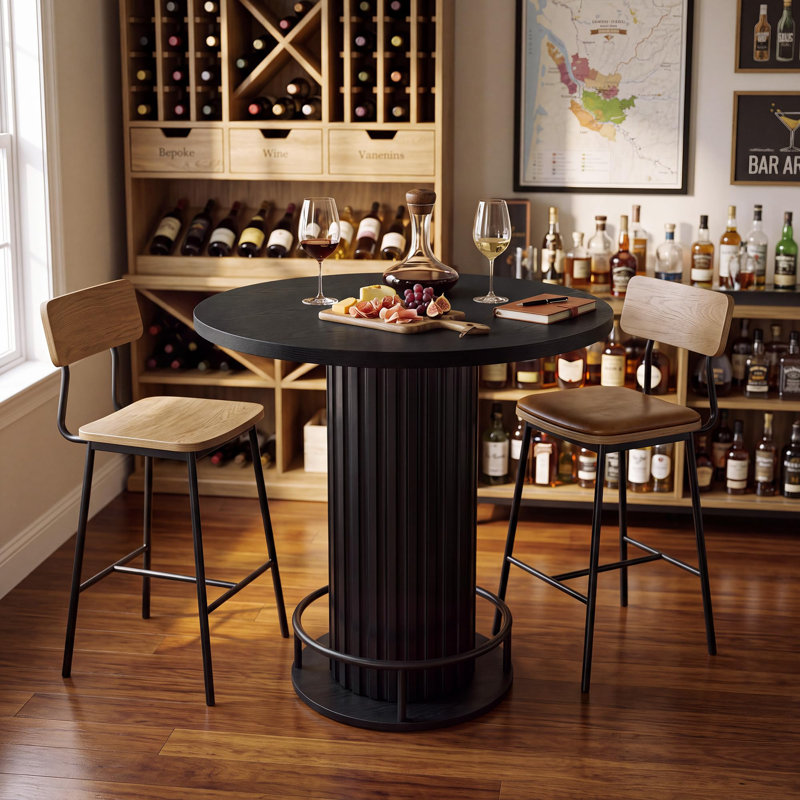 Table de bar ronde de 80 cm (31,5 po) avec piètement ondulé en fer et repose-pieds, table de bistrot de 100 cm (39,4 po) de haut pour petits espaces, noire