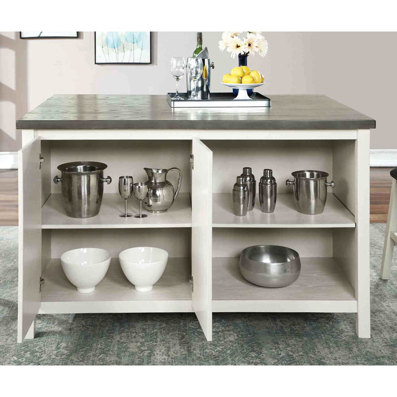 5 comptoirs de style transitionnel, tabourets gris foncé, table, pieds inclinés, tablettes de rangement ouvertes