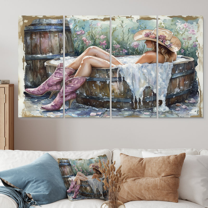 Cow-Girl prenant un bain dans un baril de ferme V - ensemble de salon d'art mural, H 28 po x l 48 po