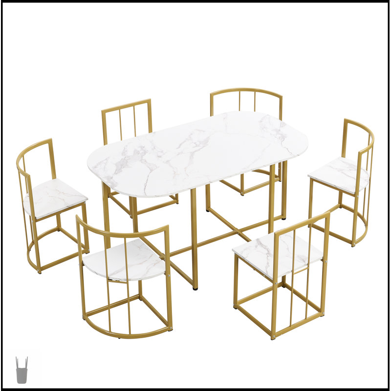 Ensemble de table à manger moderne 7 pièces avec table de cuisine compacte en faux marbre 55 pouces et chaises confortables pour 6