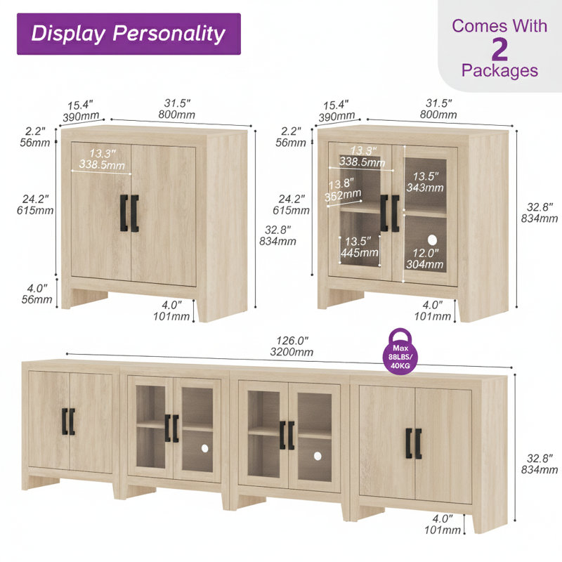 126" Extra Large Sideboard Buffet Cabinet, Farmhouse Kitchen Storage Cabinet With Glass Doors And Adjustable Shelves, Modern Wood Coffee Bar Table For Dining Room, Living Room,Beige
