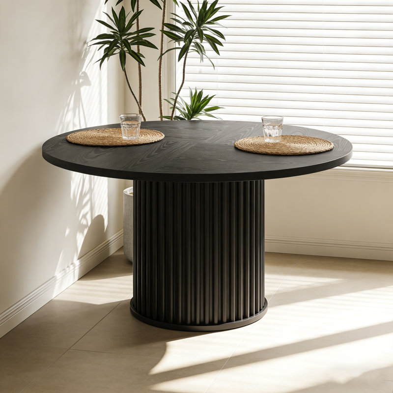Table de salle à manger ronde de 47 po, table de cuisine en bois avec base cannelée robuste en métal