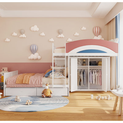 Full Size Offset Bunk Bed with Wardrobe & Drawers, Upholstered Guardrail, Built-in Hanging Rod, White