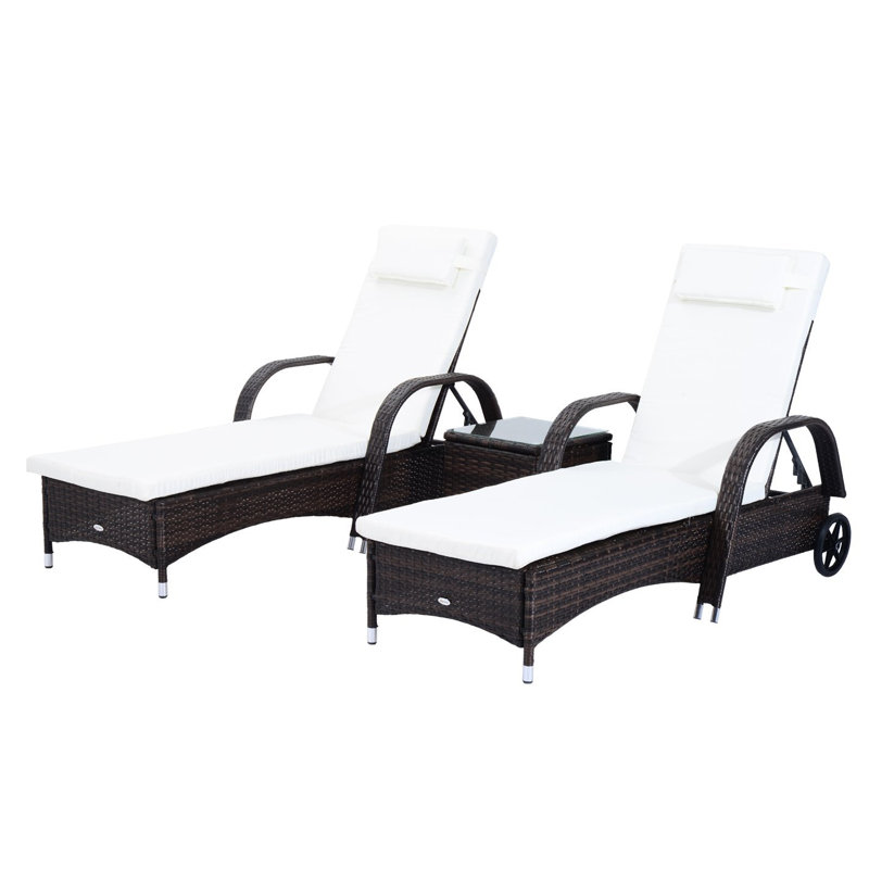 Stutler 200cm Long Reclining Chaise Lounge Set with Cushions and Table, Brown/White