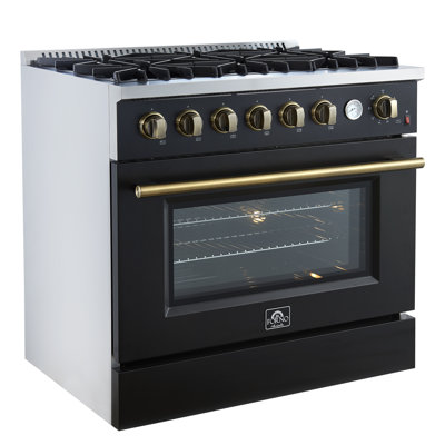 Cuisinière à gaz 36 pouces Marco en noir ou blanc et laiton antique, 6 brûleurs 67 000 BTU, 5,36 pieds cubes Four à convection et jauge de température