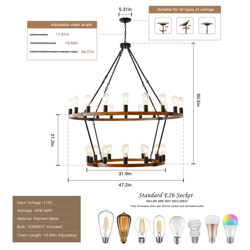 Lustre de style rustique en bois sur roulettes à 2 niveaux 47 "à 32 lumières rustiques en bois pour lustre, 2 niveaux
