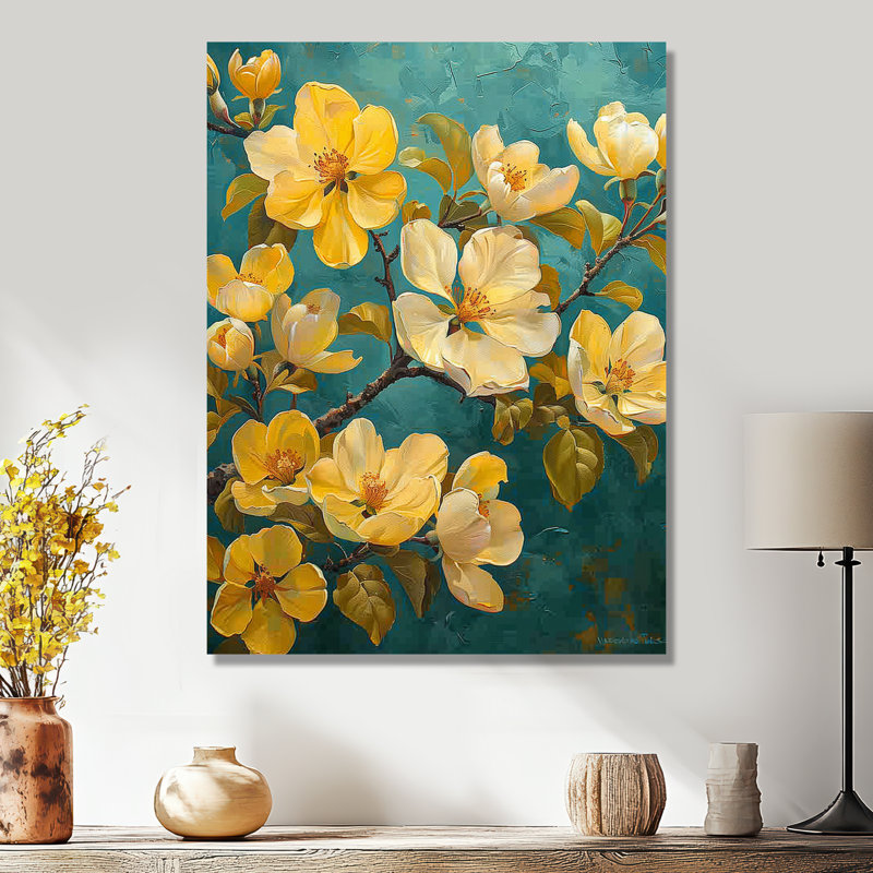 Fleur de pommier jaune et vert en fleurs, Sans cadre, métal, H 12 po x l 20 po