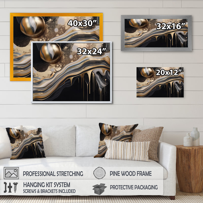 Dos et marbre hypnotisant doré - art abstrait sur toile marbrée, H 24 po x l 32 po x P 1 po, Cadre flottant noir