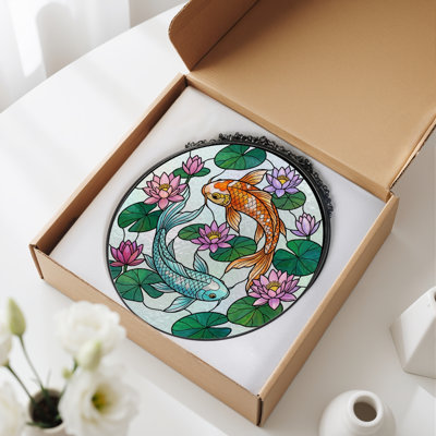 Koi Fish Stained Glass Window Panel，7.8H
