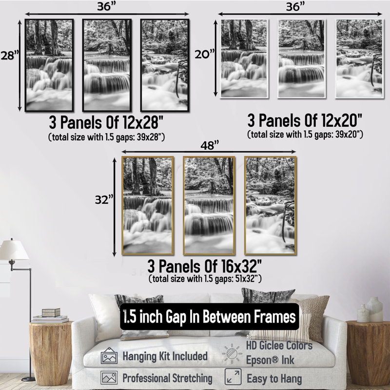 «White Erawan Waterfall - Landscape», ensemble d'art mural sur toile encadré, L 48 po x H 32 po, Or