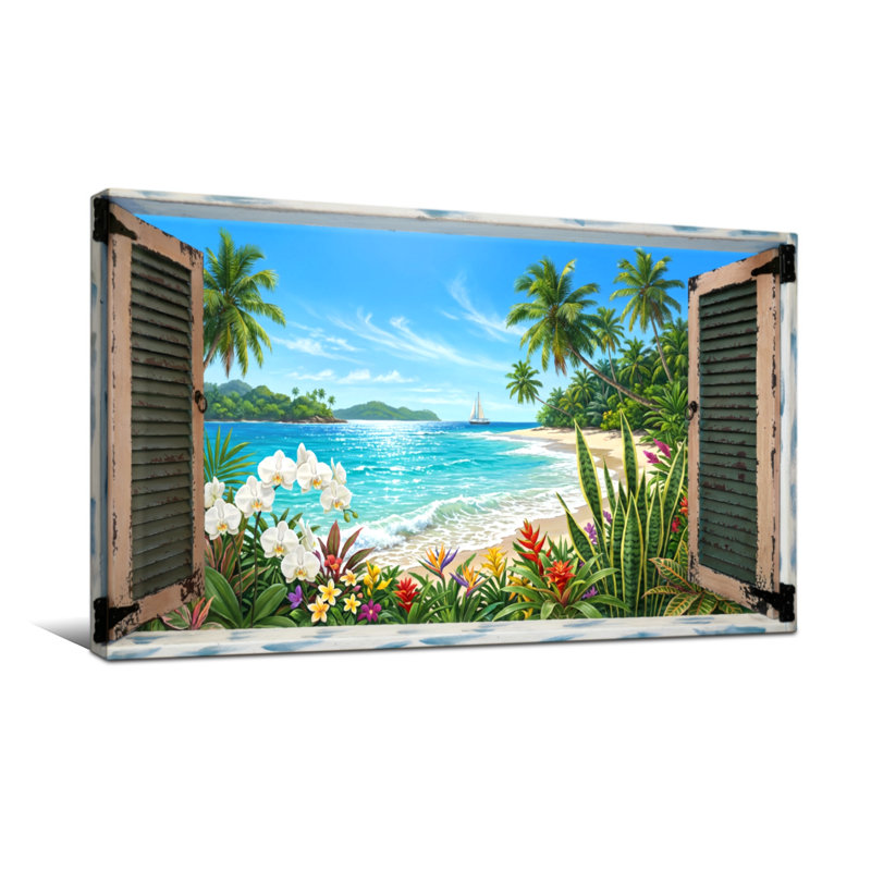 Landscape & Nature Tropical Beach View Through Window Shutter, 24" H x 48" W
