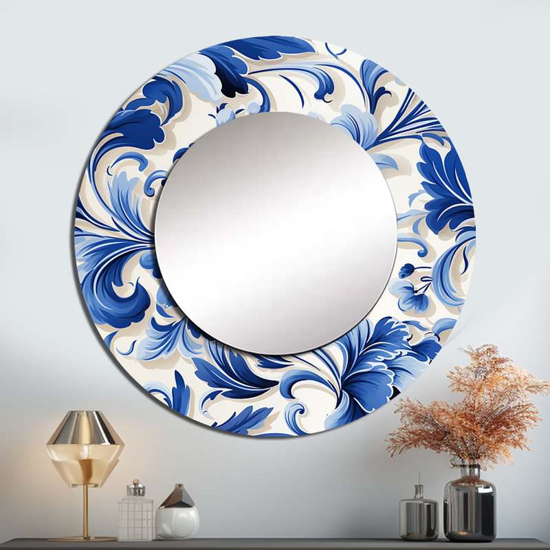 Motif victorien majestueux à volutes de cobalt - miroir unique floral, grand miroir mural Cottage, impression d'art en métal