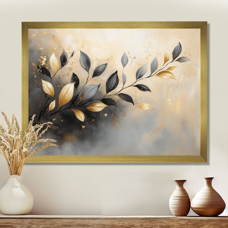 Branche de murmure doré - Tableau botanique encadré sur toile, H 24 po x l 32 po, Encadrement doré