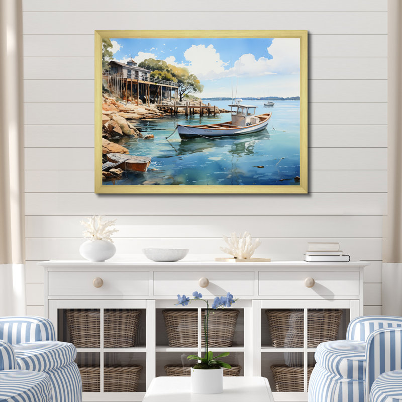 «Port Harbor Reflections» sur impression sur toile, Encadrement doré, H 34 po x l 44 po x P 1,5 po