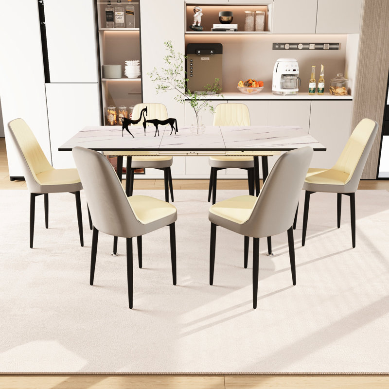 7 tables et chaises de salle à manger avec une fonctionnalité extensible de 2 à 6 sièges modernes: chaises en tissu Pu, pieds en métal noir, installation facile à nettoyer