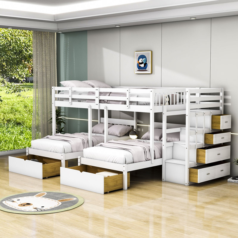 Lit superposé simple en bois avec tablette et tiroirs Erlingur, Blanc