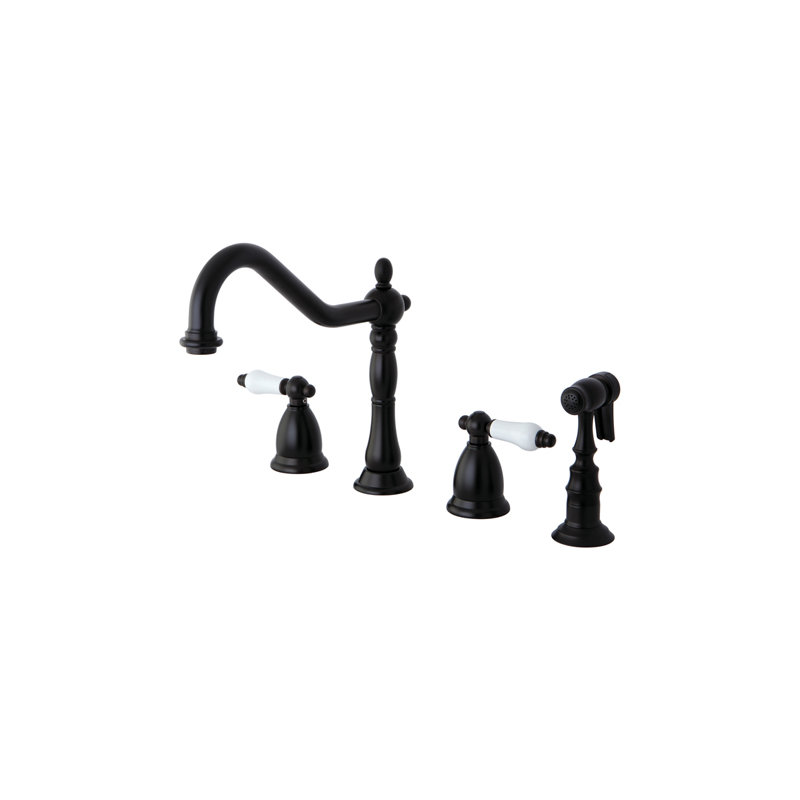 Heritage Double Handle Widespread Kitchen Faucet with Porcelain Lever Handle, Vintage Brass