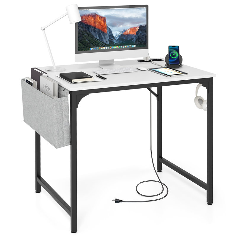 Bureau personnel, bureau d'ordinateur avec multiprise encastrée et large bureau, table d'écriture pour poste de travail
