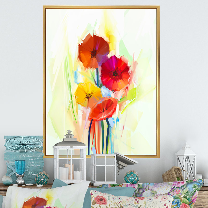 Fleurs d'hibiscus rouges II - peinture, Cadre flottant doré, H 40 po x l 30 po x P 1,5 po