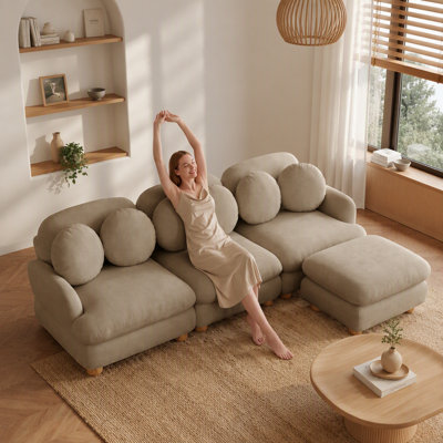 Grand canapé modulaire modulaire en chenille, canapé à 4 places avec 8 coussins décoratifs, structure en bois massif pour le salon, la chambre à coucher et un appartement, chameau