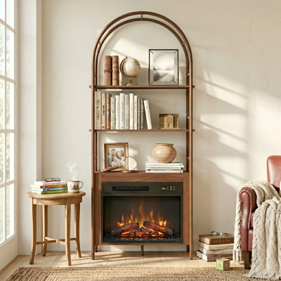 71.7" Arched Bookcase with 23" Electric Fireplace, 4-Tier Industrial Metal Frame Bookshelf with Adjustable Shelves for Living Room