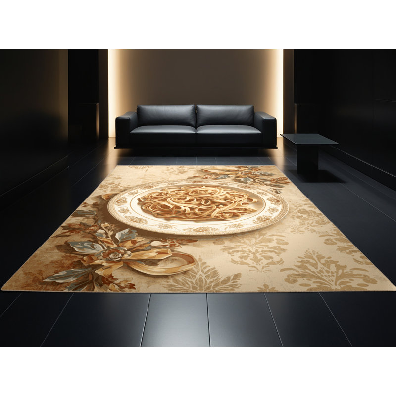 Machine Washable Wilkerson Pasta Plate French Country Vintage Look Rug in Brown – Beige Binding, 5x7
