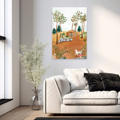 «Woodland Cabin Cat Peaceful Rustic Serene Cat Fern Forest Landscape», art mural