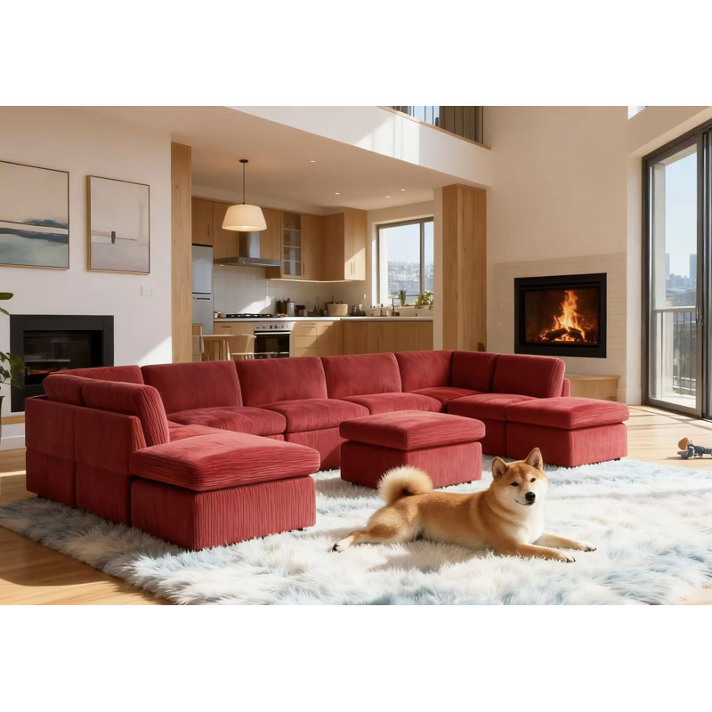 Canapé modulaire de coin avec repose-pieds Arfsten Anagel, Velours côtelé rouge
