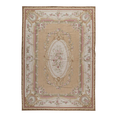 Tapis unique beige / crème / rose noué à la main de haute qualité