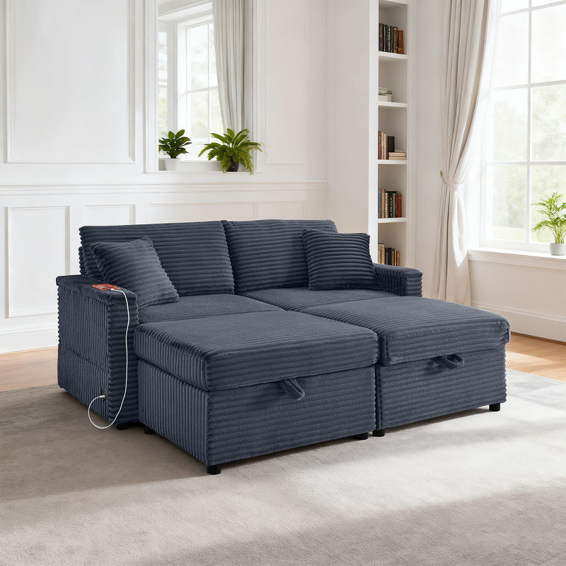 Fluffy 2-in-1 Loveseat & Chaise Lounge with Hidden Storage, Double Ottomans & Table, Dark Gray Corduroy