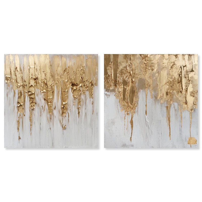 Ensemble de 2 décorations murales modernes sur toile dorée de luxe par Art Remedy, tendue avec châssis, 12 x 12