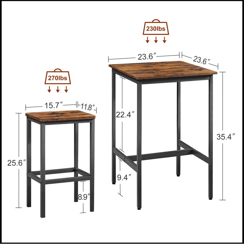 Bar Table Set, Square Bar Table with 2 Bar Chairs, Industrial Style Bar Chairs, Rustic Brown