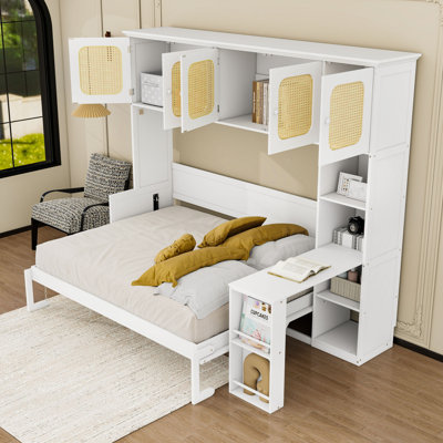 Wood Murphy Bed with Built-in-Desk and Cabinets