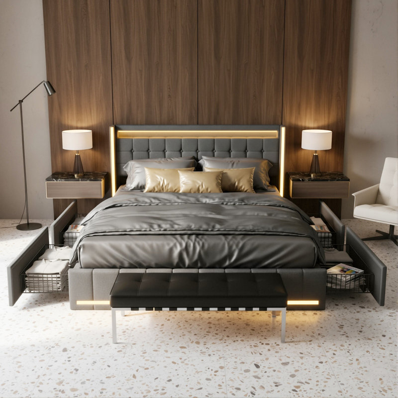 Storage Bed With 4 Drawers, USB Ports & LED Lights, Linen Upholstered Wingback Bed Frame, Grey & Beige, Grey
