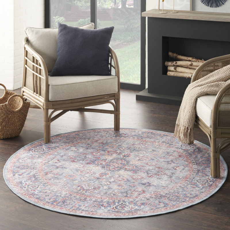 Machine Washable Oriental Blue/Red Area Rug, Round 7'10"