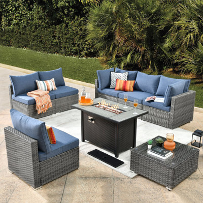6 - Person Mostly No Assembly Required Patio Furniture Set, Outdoor Wicker Rattan Sectional Seating Group With Cushions, All Weather Sofa Conversation Set With Fire Pit Table For Garden Backyard