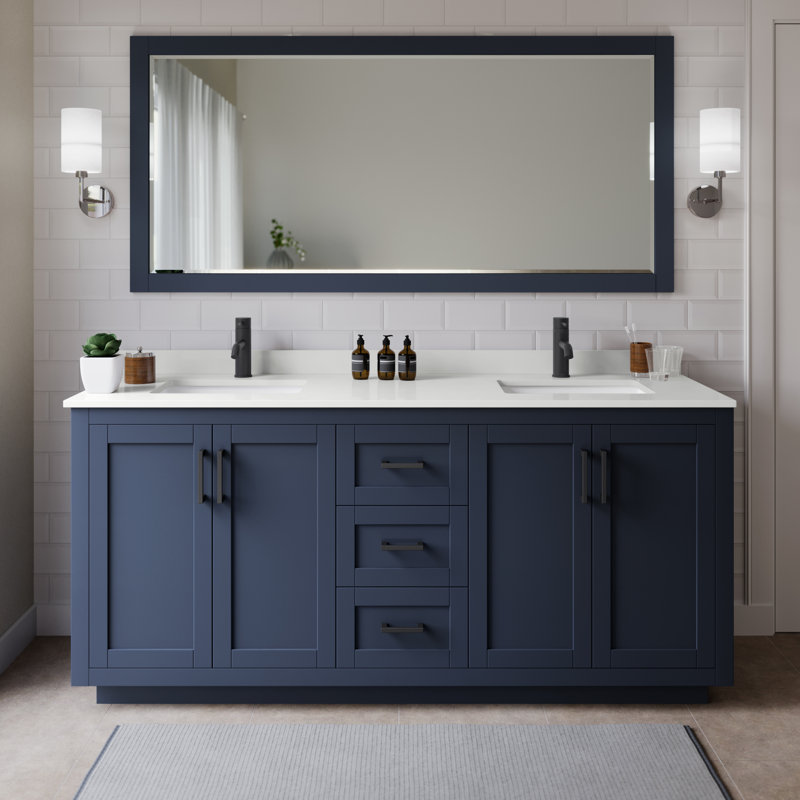 Miranda 72" Freestanding Double Bathroom Vanity with Quartz Top, Dark Blue, White Quartz, Matte Black