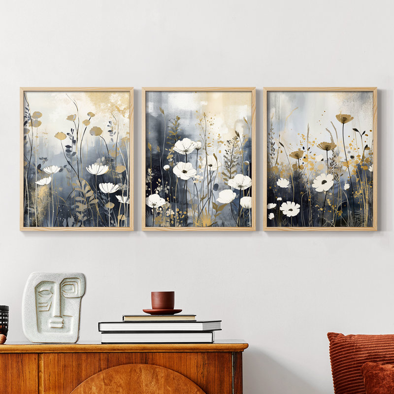 Étude florale Cxxvi -Set de 3 estampes numériques encadrées -Prêt à, H 10 po x l 8 po, Encadré naturel