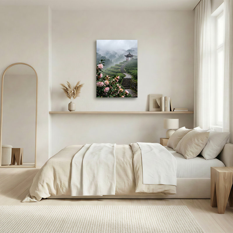 «Pink Camellias and Stone Stairs to Misty Pagoda», art mural, 18"H x 12"W