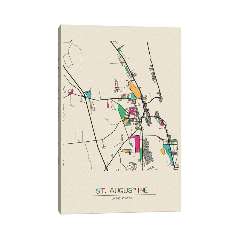 Carte de St. Augustine, Floride par - Giclée sur toile tendue avec châssis, H 60 po x l 40po x P 1,5 po