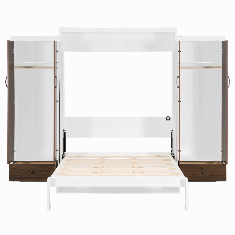 Grand lit escamotable mural avec placard, tiroirs et table