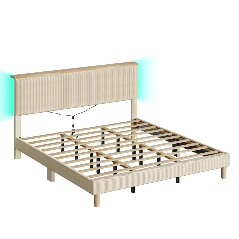 Abe Upholstered Platform Bed Frame with Storage Headboard and LED Lighting, Full / Double, Beige