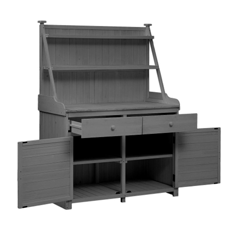 Banc de jardin, poste de travail avec tablette de rangement, tiroir et armoire, Gris