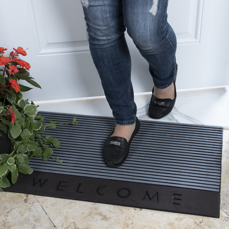 DirtOff Welcome/Stripes Design Non-Slip Scraper Rubber Door Mat, Gray